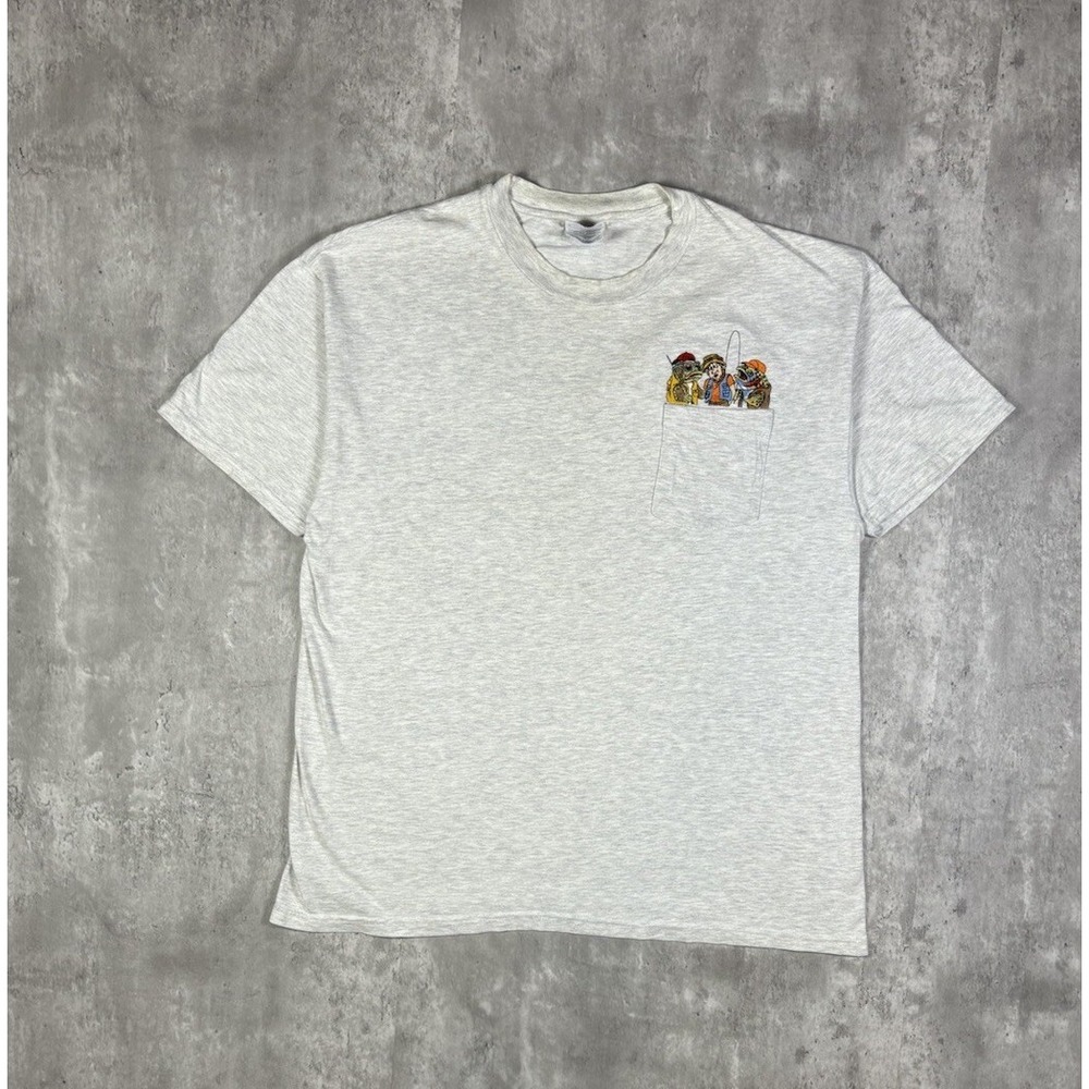 Vintage 90s Hanes Beefy T Funny Fishing Embroidered Pocket Tee Gray XL